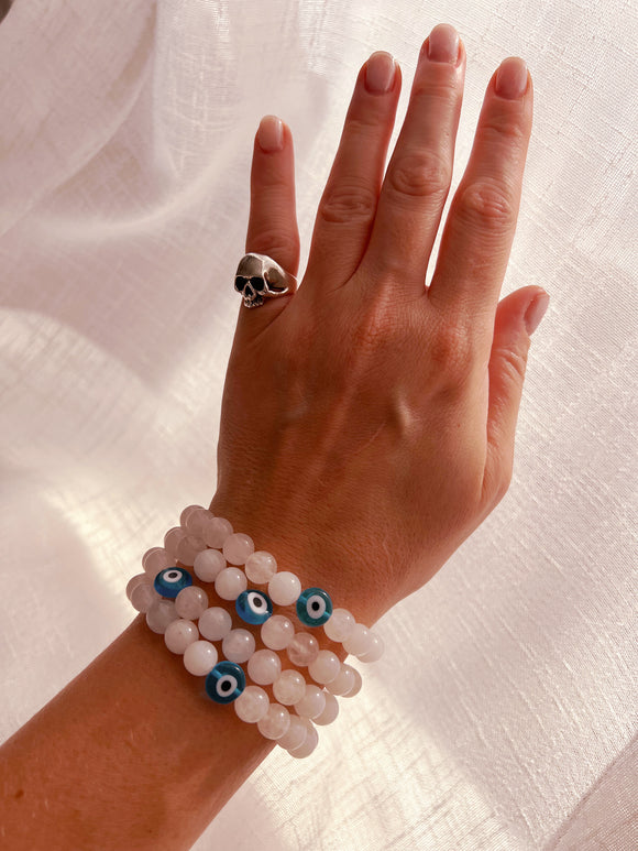 PALE ROSE QUARTZ EVIL EYE BRACELET